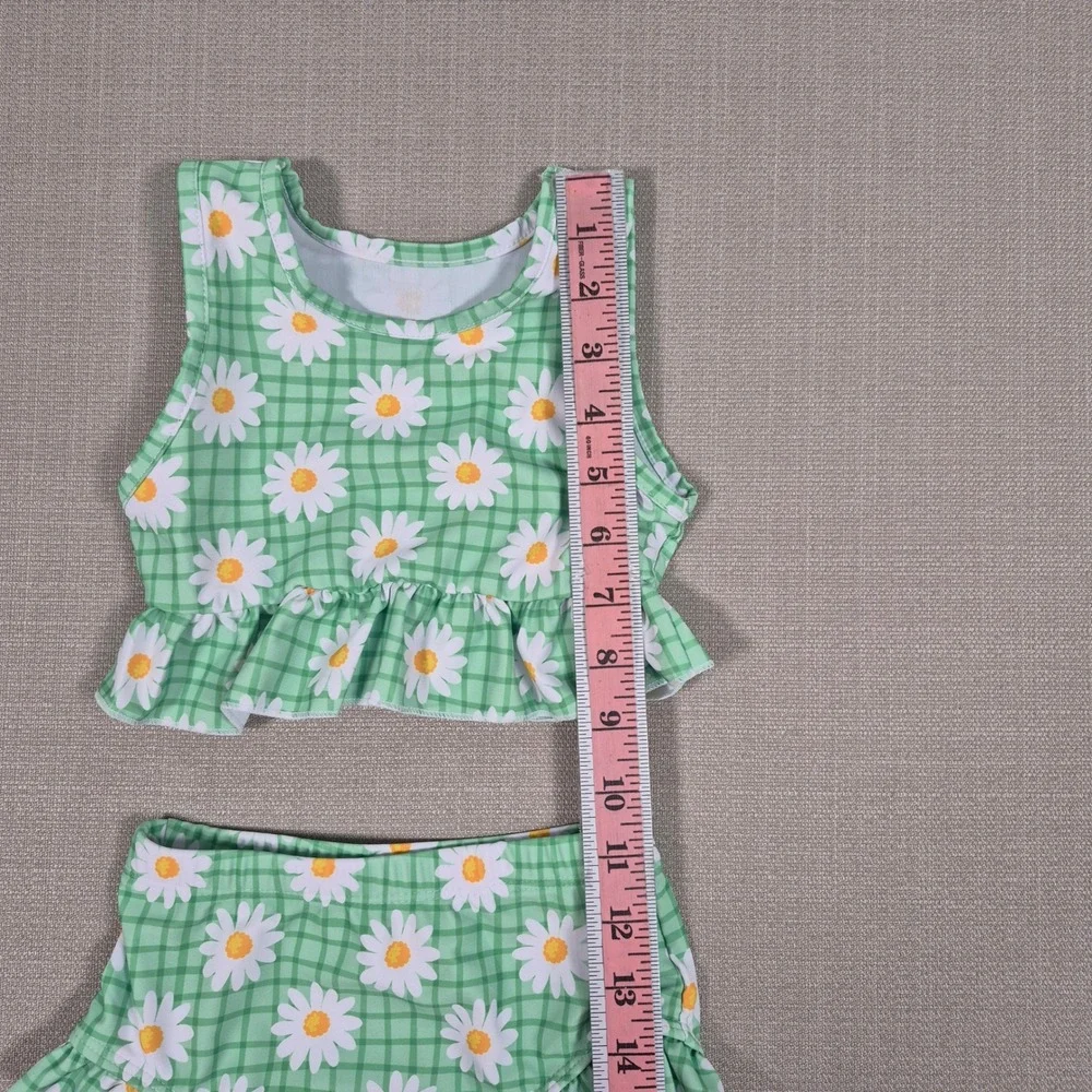 Green Gingham Daisy Ruffle Tankini Swimsuit Set 3-4Y